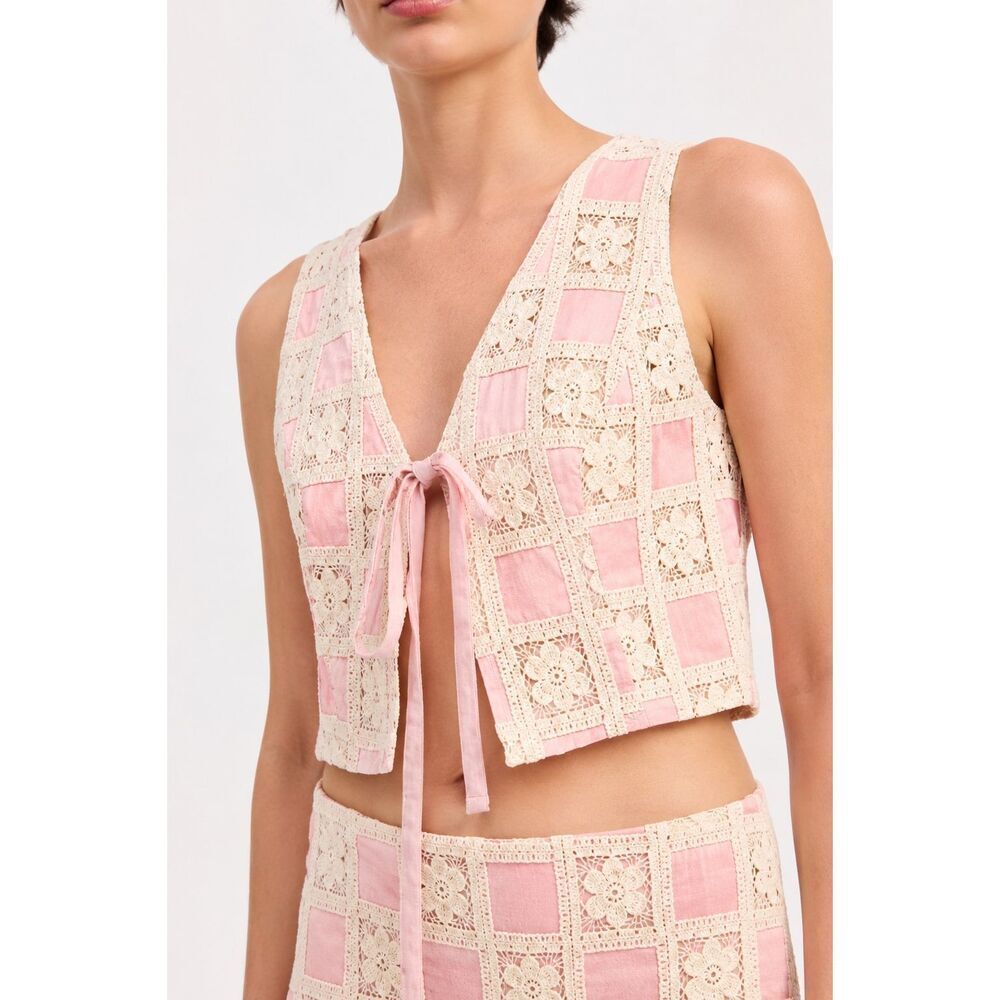 Emory Park Crochet Lace Tie Front Vest Small Pink Boho Festival Cottagecore